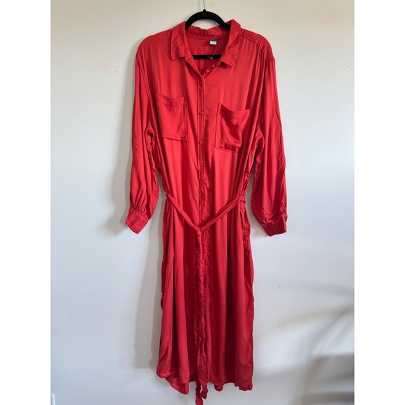 Old Navy Dresses & Skirts - Old Navy Womens XXL Red Viscose Rayon Long Sleeve Belted Button Down Midi Dress